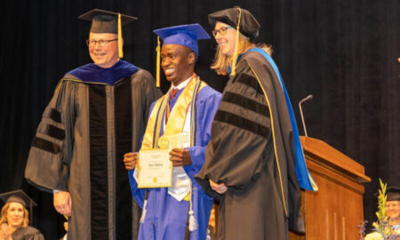 (Left to Right): NIACC President Dr. Steve Schulz; NIACC Student Oscar Madong; Dr. Erin Shaw, NIACC Interim Vice President of Academic Affairs