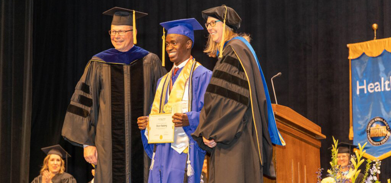 (Left to Right): NIACC President Dr. Steve Schulz; NIACC Student Oscar Madong; Dr. Erin Shaw, NIACC Interim Vice President of Academic Affairs