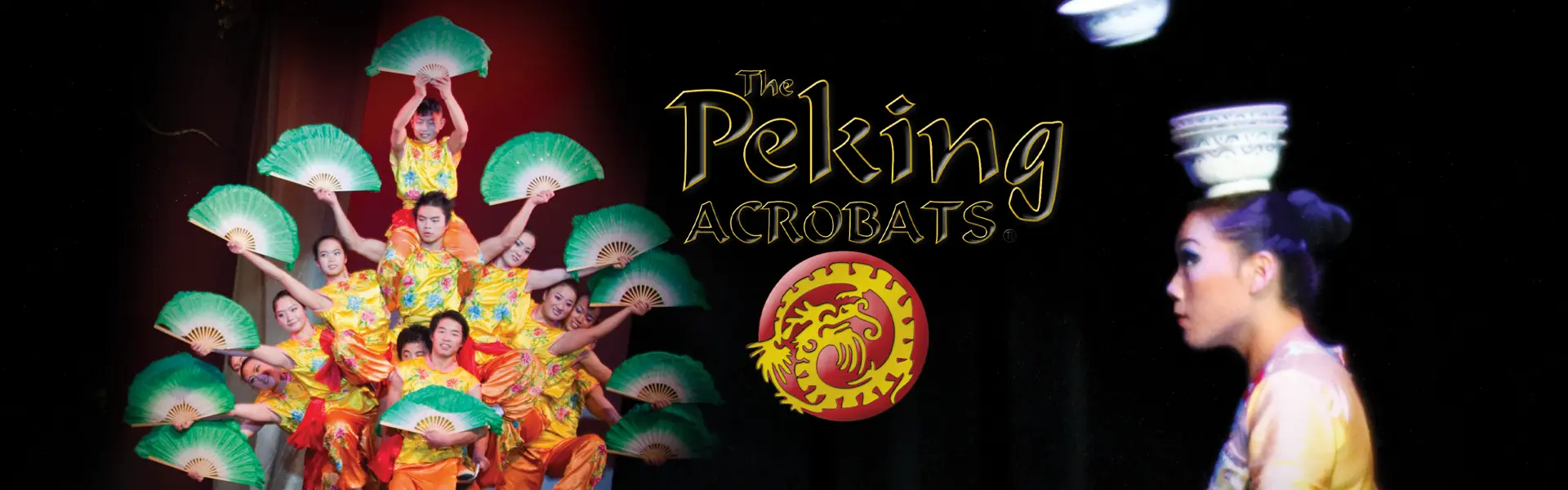 Acrobats standing in group holding fans. Woman balancing bowls on her head.