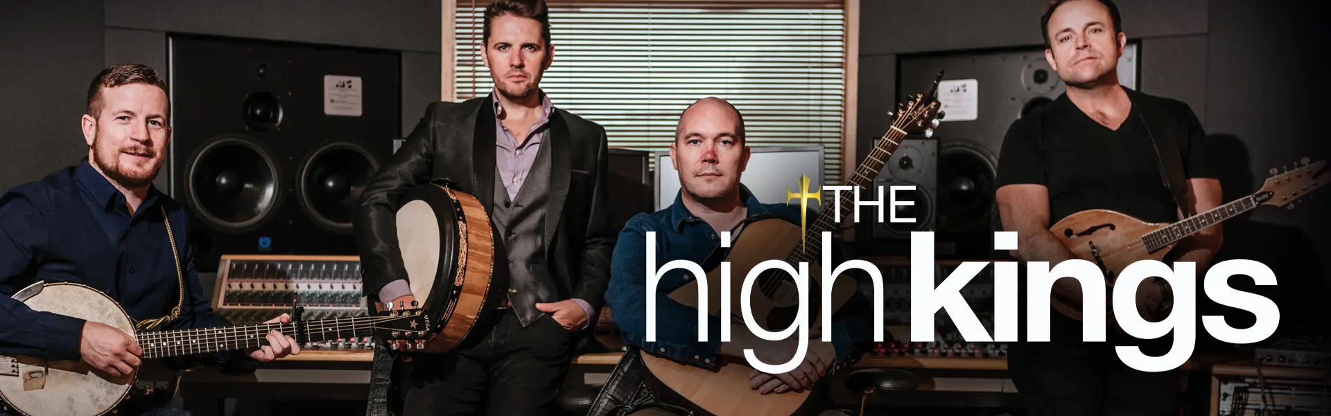 Musicians holding instruments (guitar, banjo, mandolin, drum)