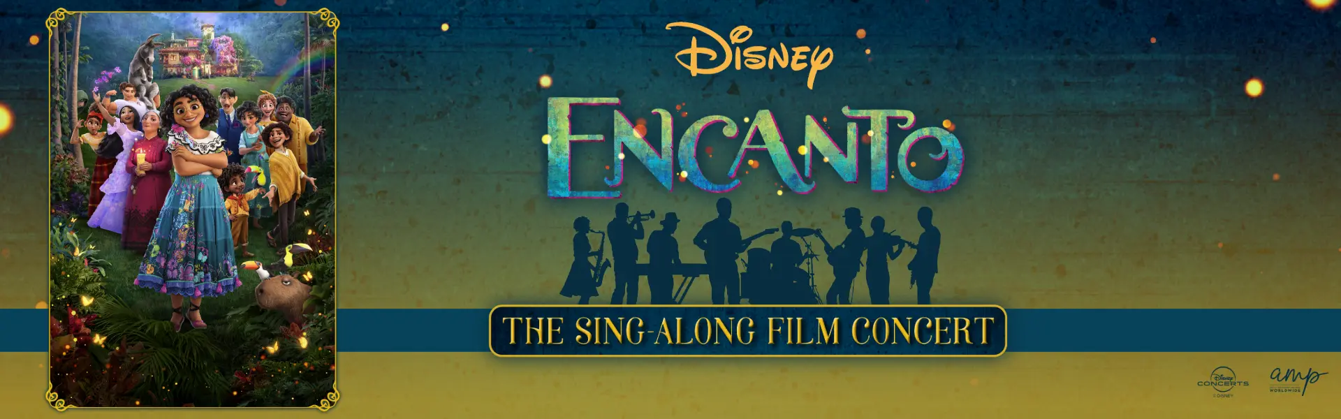 Promotional image for Disney's 'Encanto: The Sing-Along Film Concert,' featuring the characters from the movie on the left and the title with silhouettes of musicians on the right.