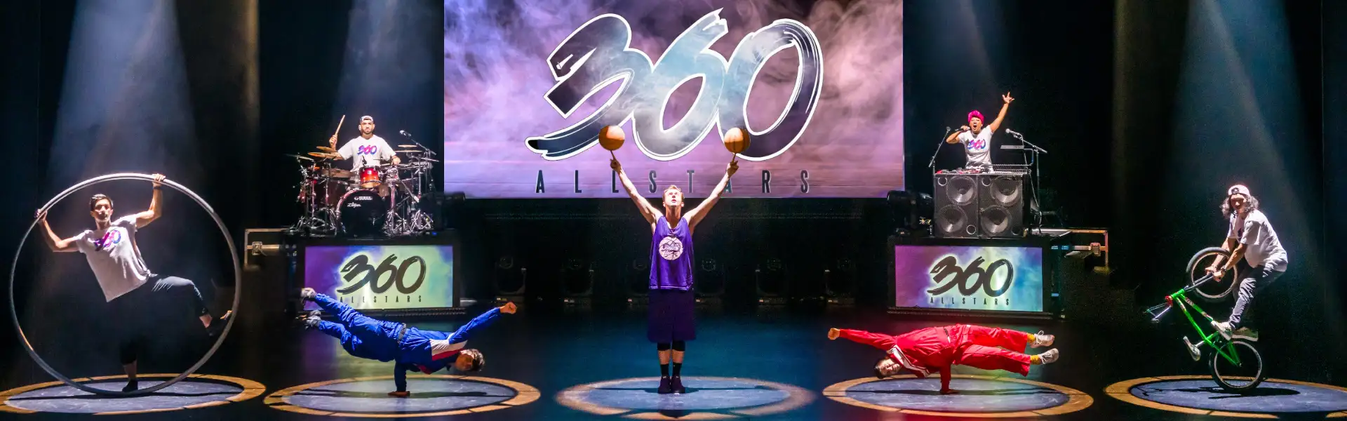 Promotional image for '360 Allstars,' featuring performers on stage displaying various skills including drumming, DJing, basketball tricks, breakdancing, acrobatics in a Cyr wheel, and BMX biking under stage lights.