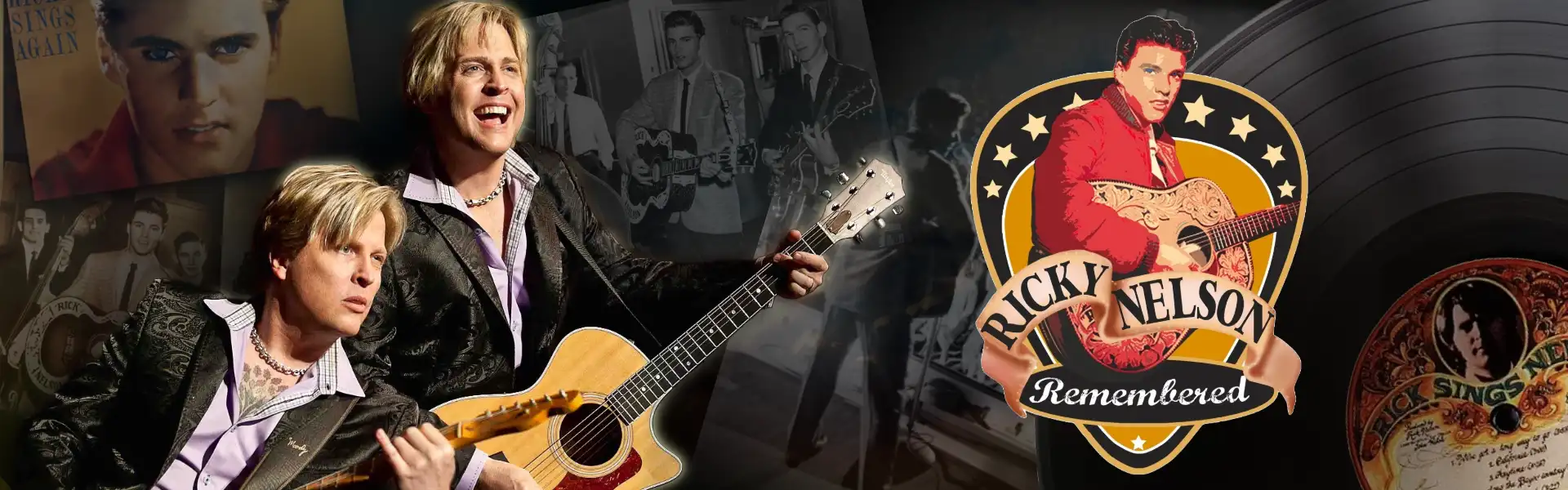 Promotional image for 'Ricky Nelson Remembered,' featuring a performer playing guitar with a smile, surrounded by vintage photos of Ricky Nelson, and the show's logo with Ricky Nelson holding a guitar.