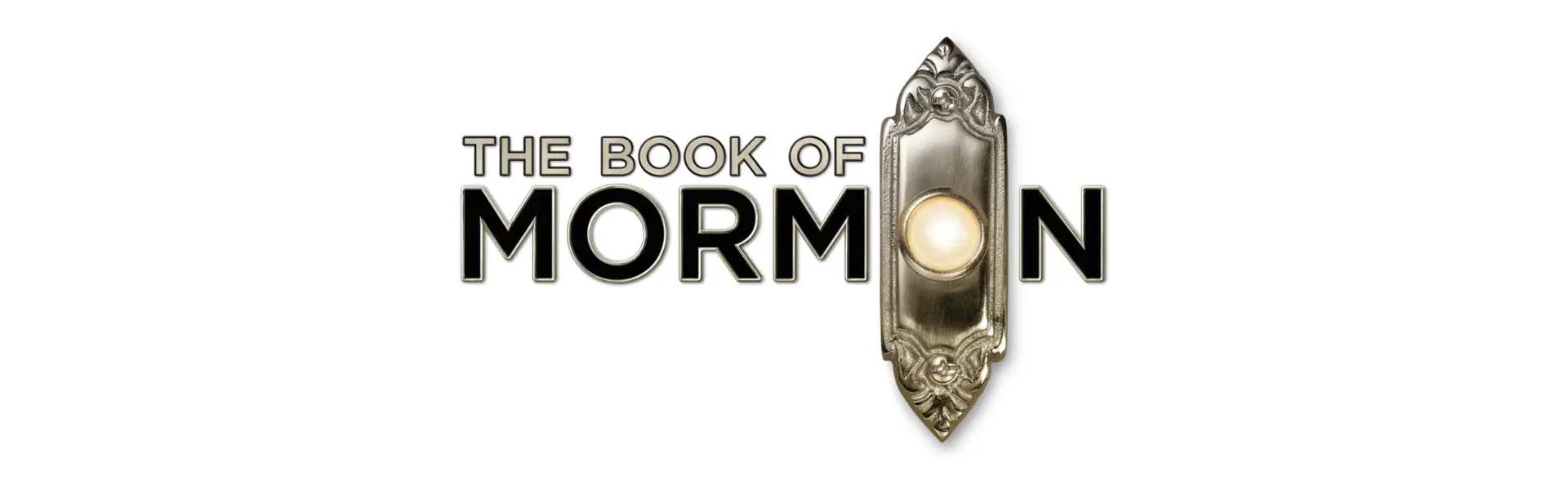 Logo for 'The Book of Mormon' musical, featuring the title text in bold letters and an ornate doorbell design with a glowing button.