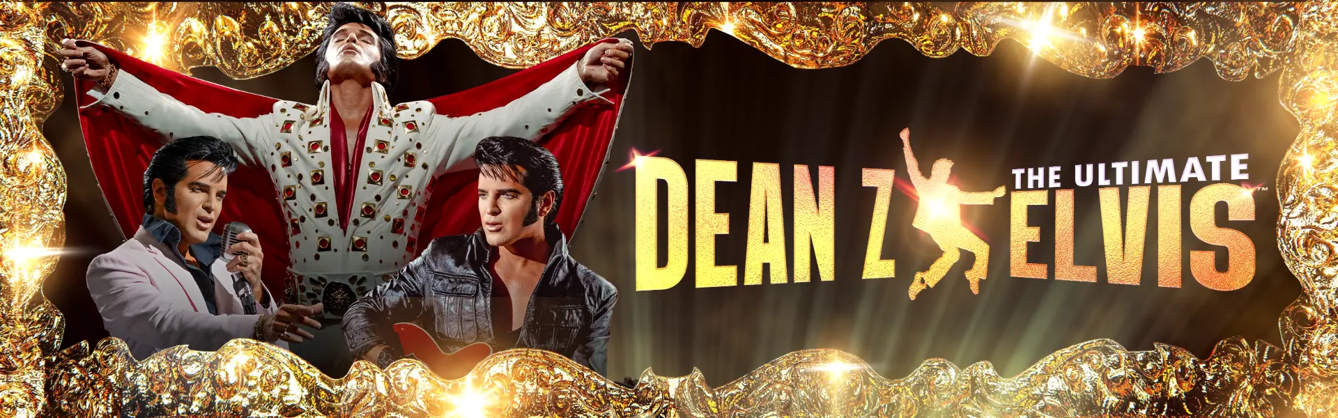 Collage of Dean Z performing as Elvis Presley, surrounded by gold trim and stage lights, promoting a tribute concert.