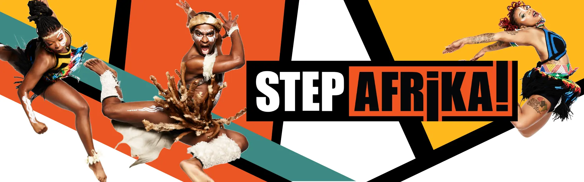 Three dynamic dancers from Step Afrika! mid-performance, wearing vibrant traditional costumes against a colorful geometric background.