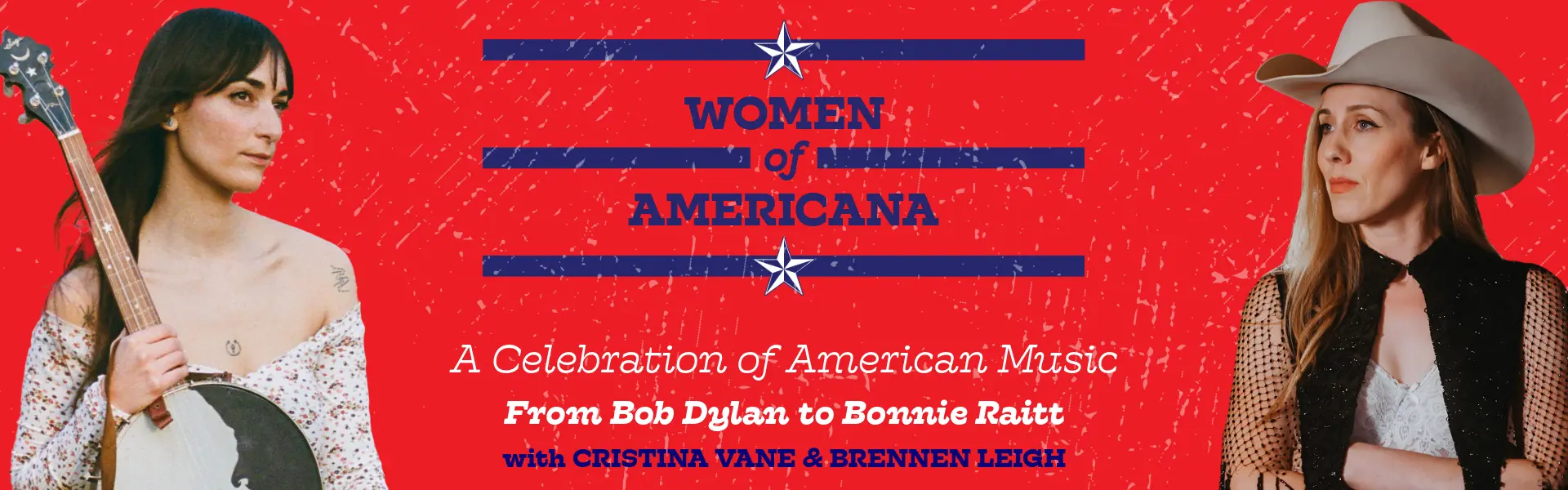 Promotional banner showing Cristina Vane and Brennen Leigh with instruments, celebrating women in American music against a red backdrop.