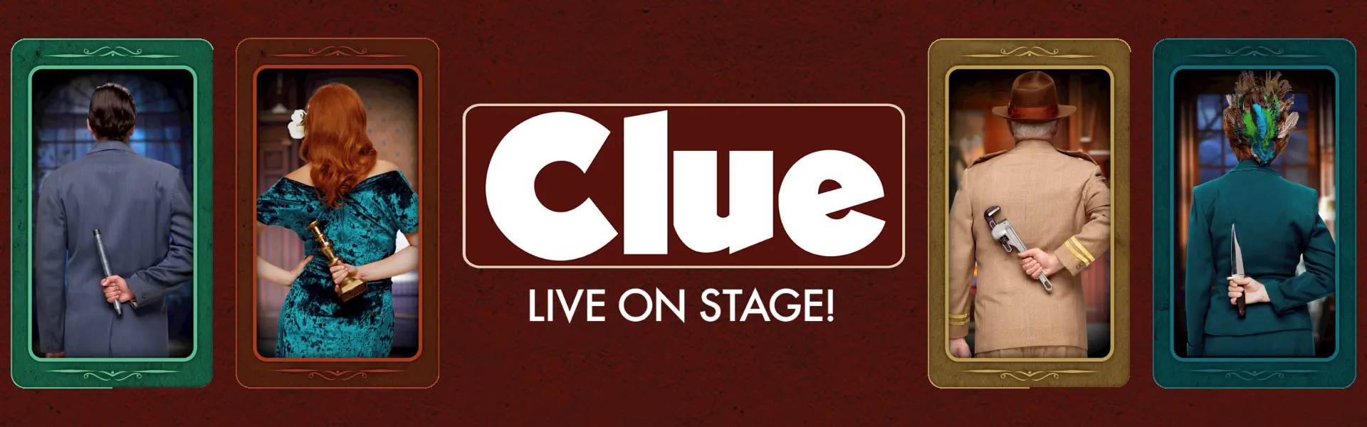 Promotional image for the live stage version of “Clue,” featuring silhouetted characters holding weapons behind their backs.