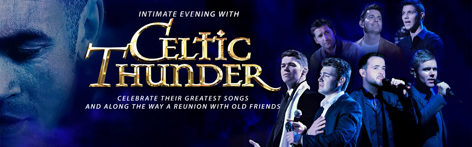 Montage of Celtic Thunder members singing with microphones, set against a dramatic blue stage background with gold text.