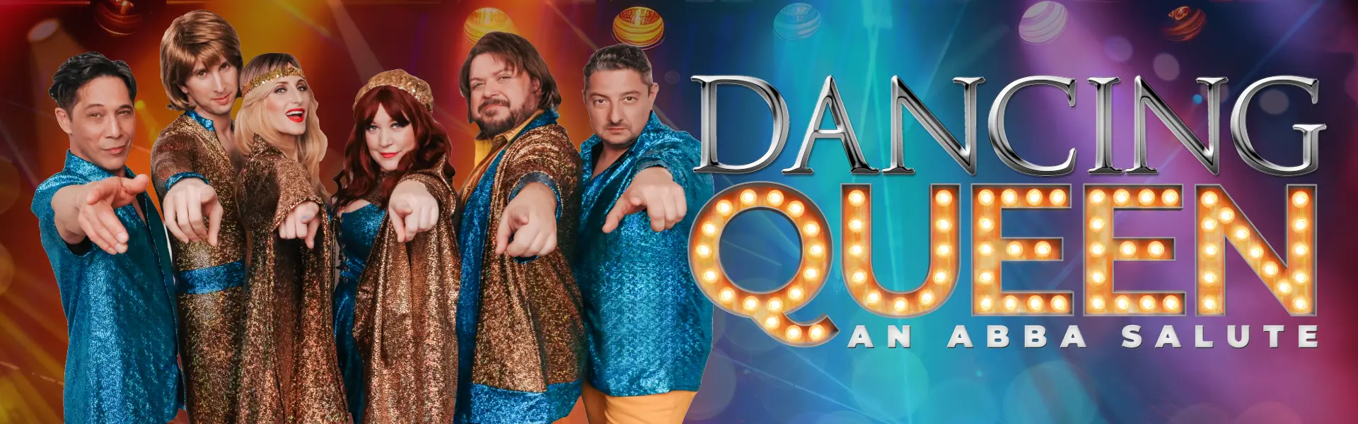 A colorful retro-themed group of performers in sparkly costumes pointing at the camera, celebrating ABBA's iconic music.