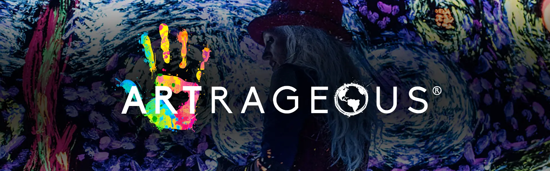 Artist with long hair and a red hat performing in front of a vibrant, abstract painted background, with a multicolored handprint logo.