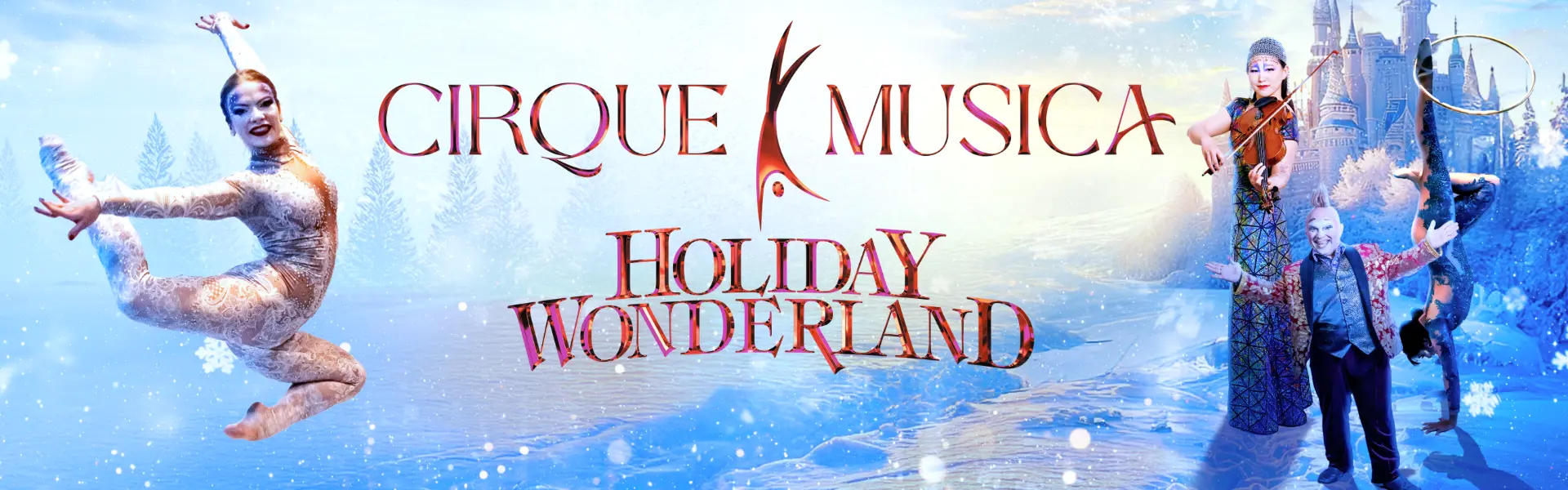 Acrobats and performers dressed in festive costumes in a snowy, magical winter setting with a castle in the background.
