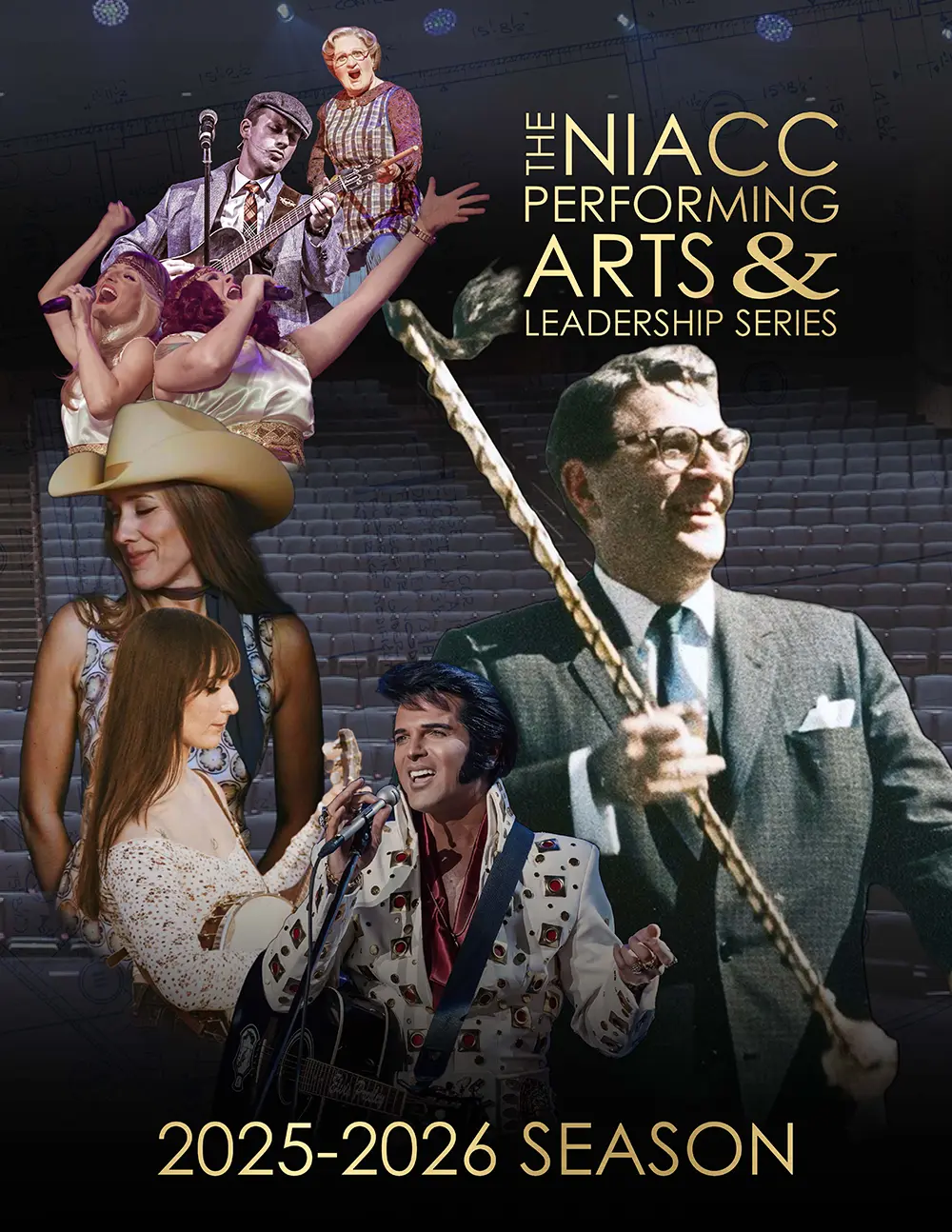 Collage-style promotional poster featuring performers dressed as iconic music and theater figures including Elvis, Buddy Holly, and Mrs. Doubtfire, with “The NIACC Performing Arts & Leadership Series 2025–2026 Season” displayed in elegant gold text.