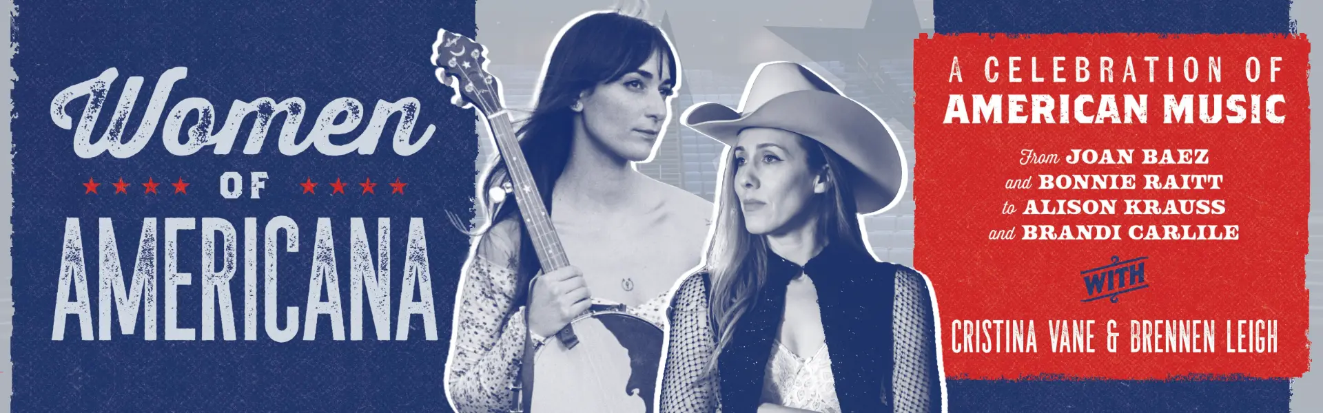 Promotional banner showing Cristina Vane and Brennen Leigh with instruments, celebrating women in American music against a red backdrop.