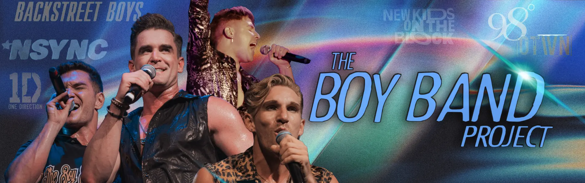 The Boy Band Project promotional graphic featuring performers singing with references to popular boy bands.