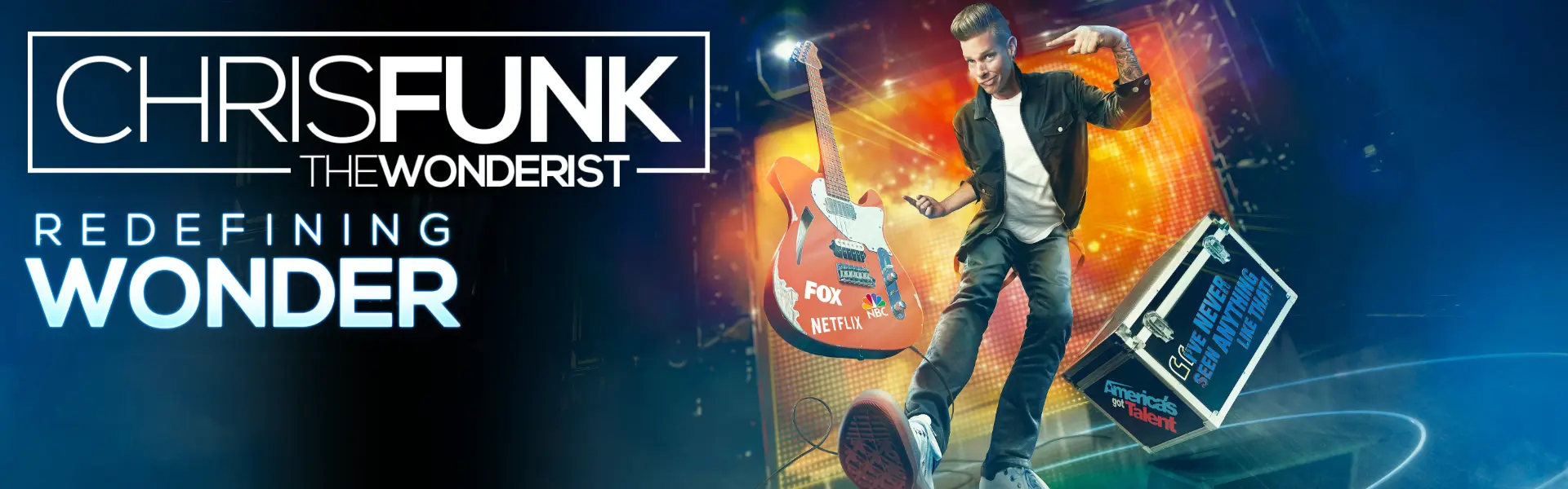 Chris Funk The Wonderist promotional graphic featuring magician with floating guitar and stage props.