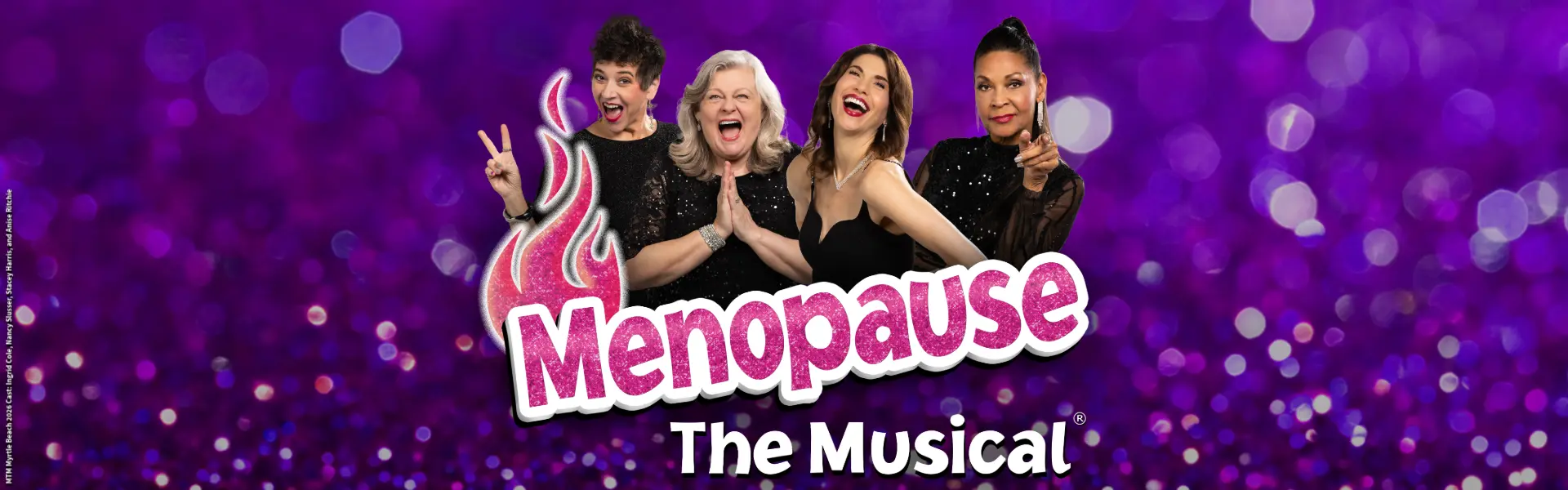 Menopause The Musical promotional graphic featuring four women performers on a purple background.
