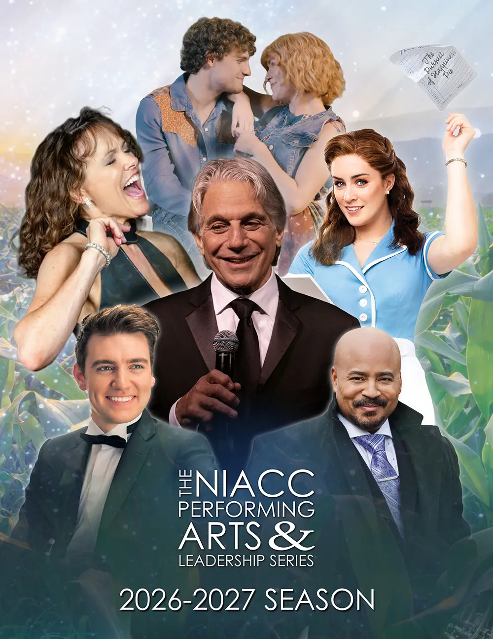 Collage promoting the NIACC Performing Arts & Leadership Series 2026&ndash;2027 season featuring performers and productions including Tony Danza, Waitress, Shucked, Emmet Cahill, and Carpenters tribute performers.