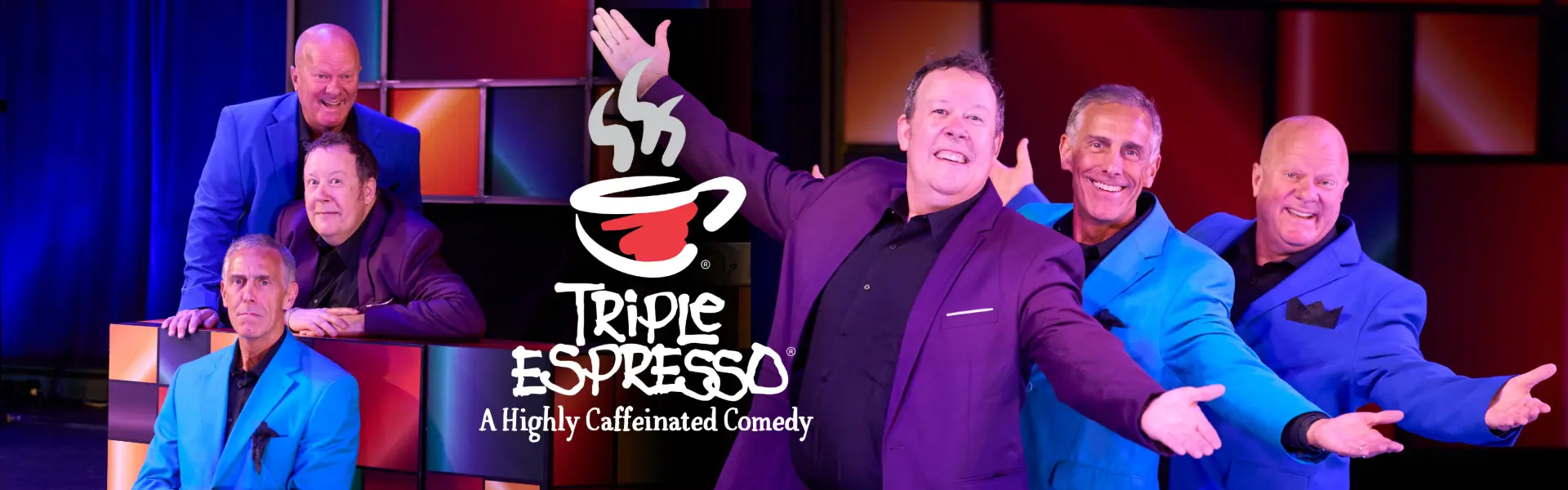 Triple Espresso comedy show promotional image featuring five performers in colorful suits on stage.