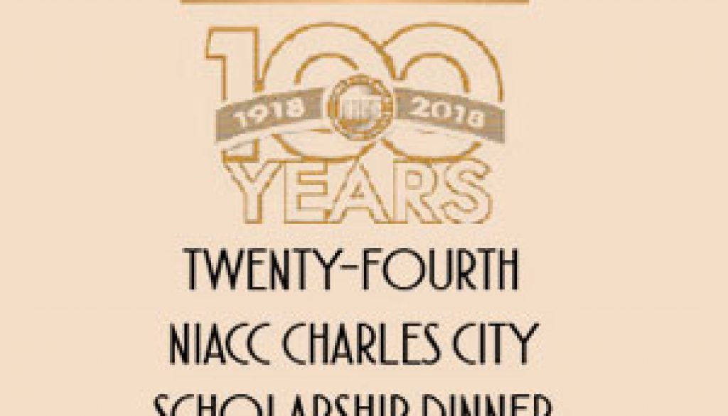 Graphic image of NIACC 100 year Anniversary logo with invitation to Charles City Scholarship Dinner