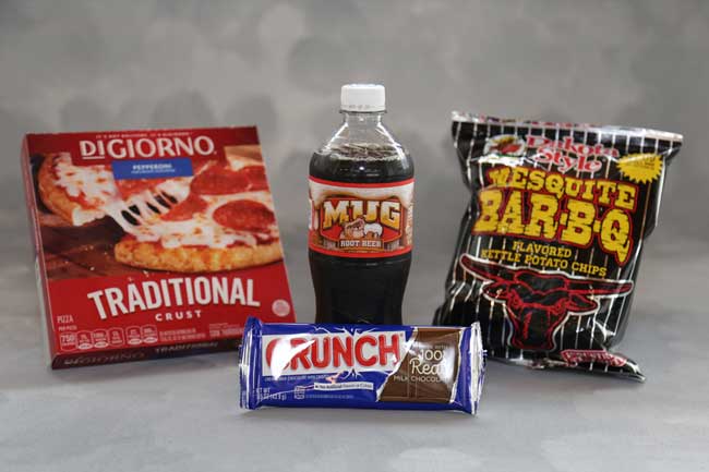 Picture of food and drink items including Frozen Pizza, Chips, Crunch Bar, and Pop