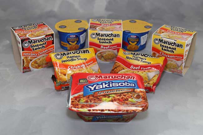 Picture of various food items including Instant Ramen and Instant Macaroni and Cheese