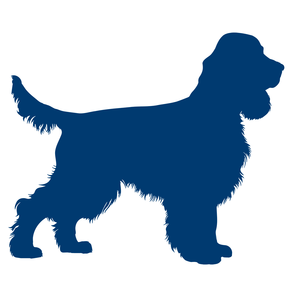 Silhouette of a medium-sized dog with long ears and fur, resembling a Cocker Spaniel.