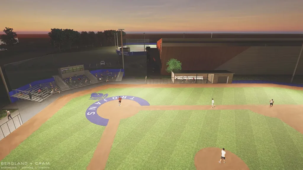 Architectural rendering of a softball field at sunset with illuminated infield, stadium seating, dugout, and a modern athletic facility building behind the outfield.