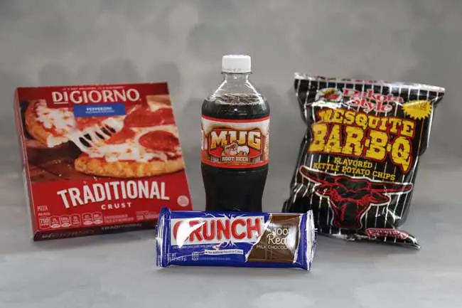 Picture of food and drink items including Frozen Pizza, Chips, Crunch Bar, and Pop